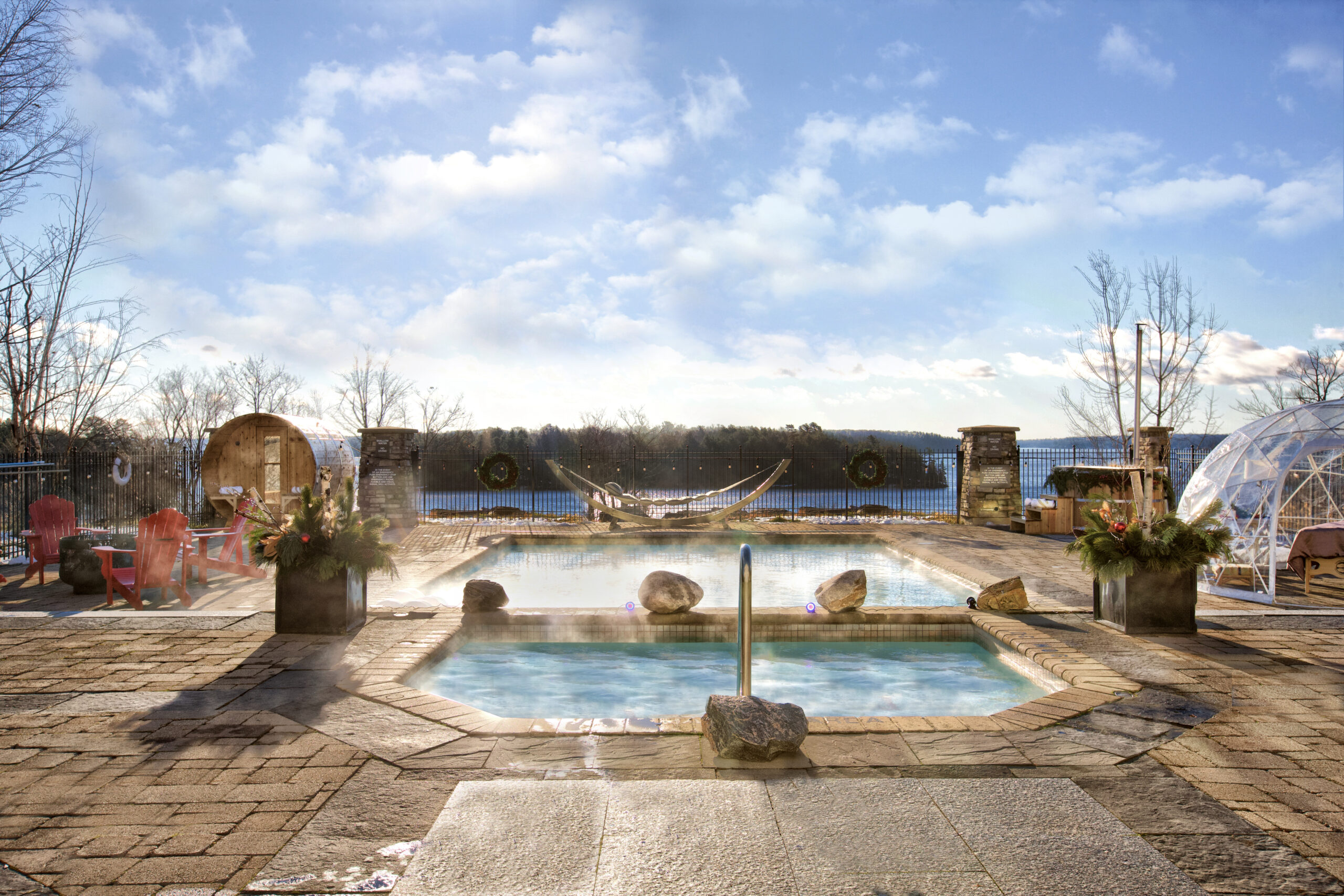 Outdoor heated pools with view of Lake Rosseau